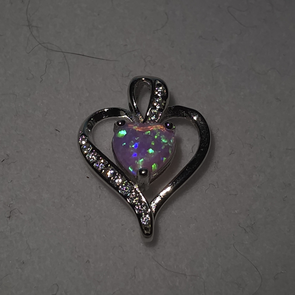 Aurora Opal in Sterling Silver Heart Pendant With Diamond CZ Accents